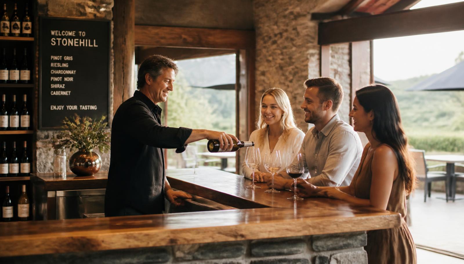 A host pouring wine for guests at a winery cellar door tasting bar