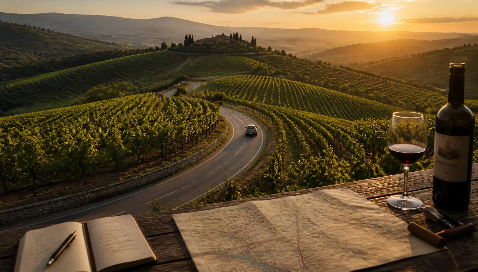 A winding road through vineyard hills at golden hour, with a map and notebook on a terrace table