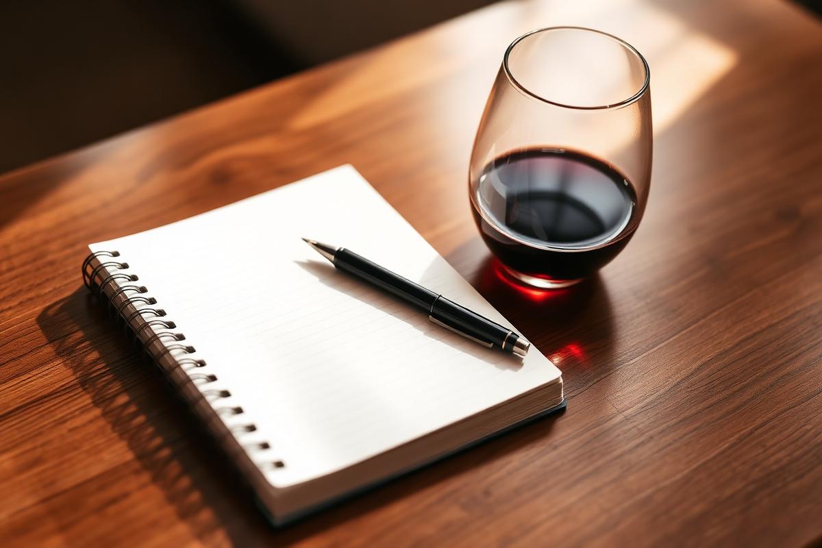 An open notebook and pen beside a glass of red wine for tasting notes