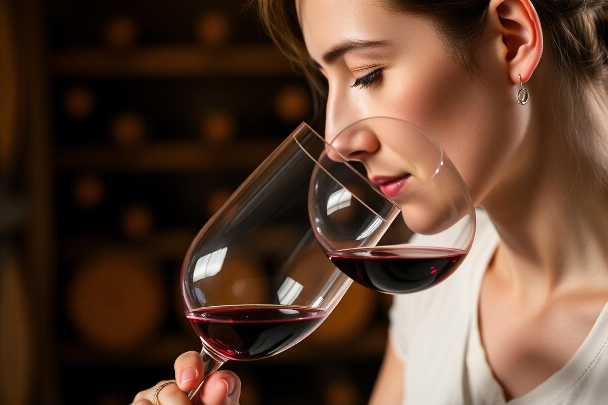 A taster with their nose in a wine glass, smelling the aromas