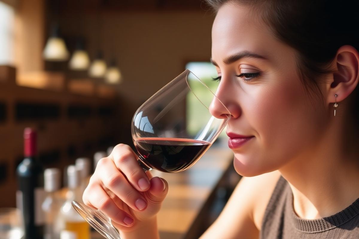 A taster taking a small sip of red wine at a cellar door