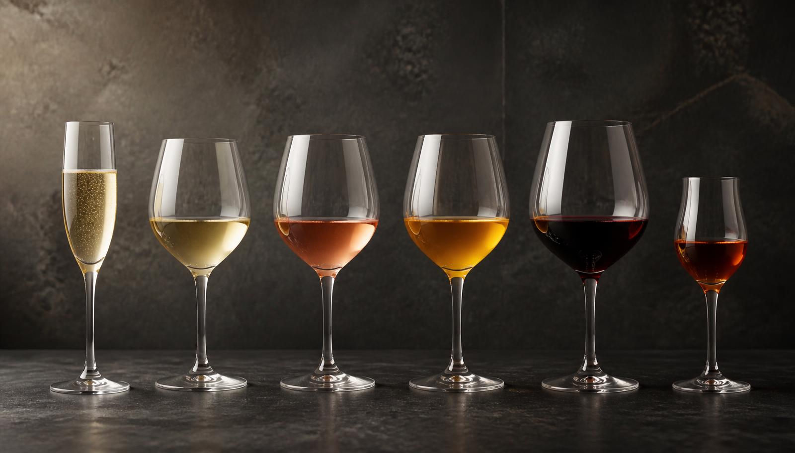A row of glasses showing sparkling, white, rosé, orange, red and fortified wine styles