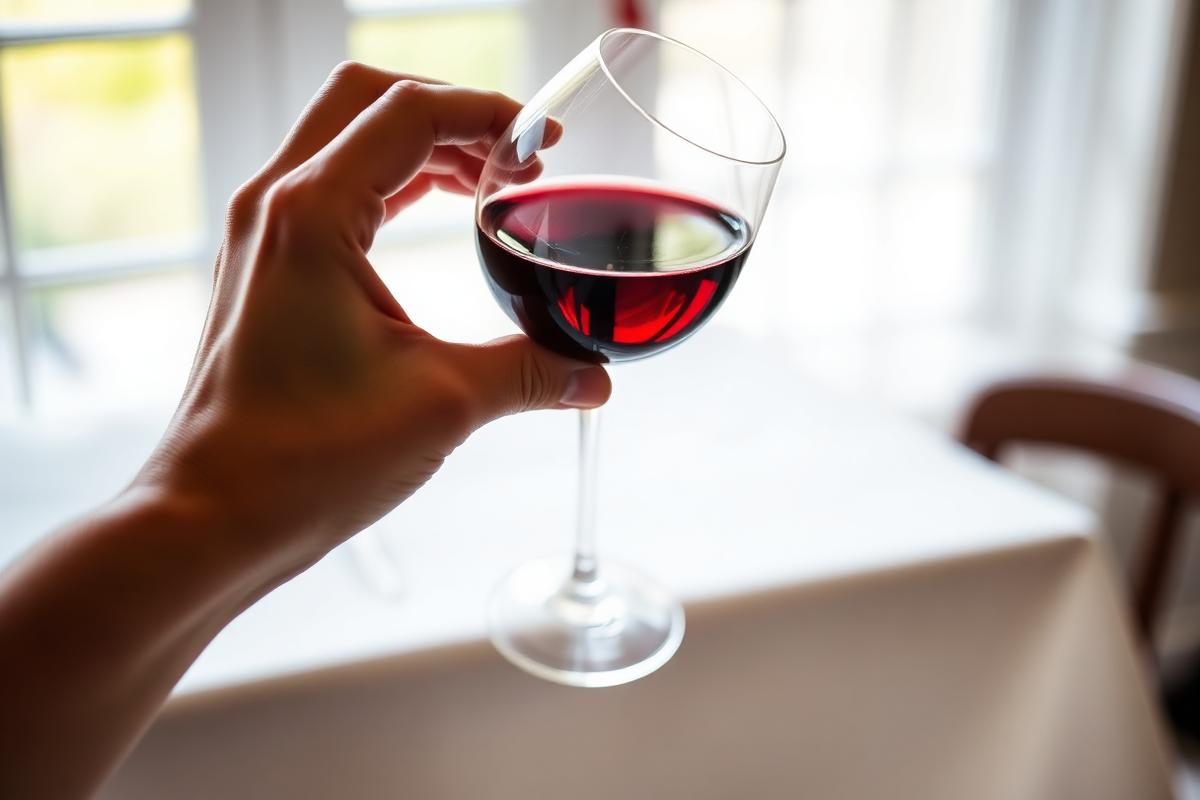 A hand tilting a glass of red wine over a white tablecloth to judge its colour