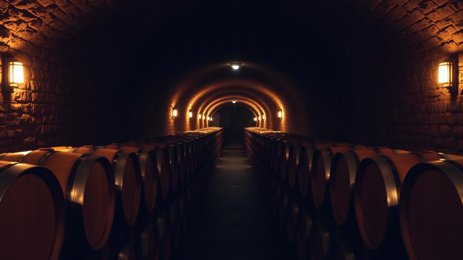 Oak barrels ageing wine in a cellar, typical of a Other, Massachusetts, United States winery visit
