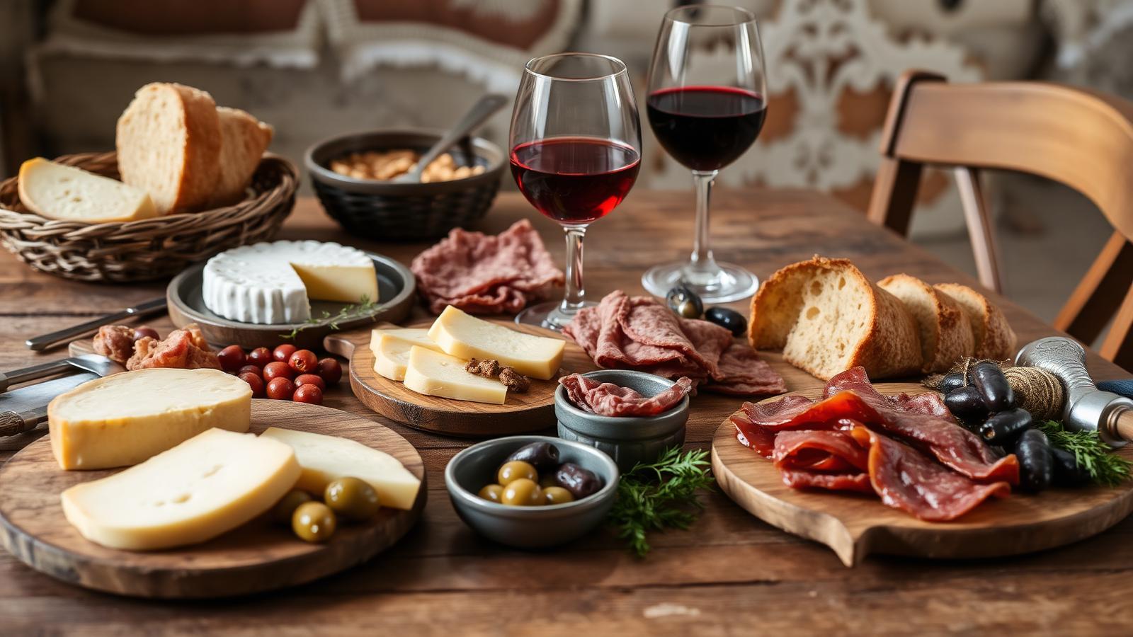 Local cheese, bread and cured meats served with wine in East Slovak, Slovakia