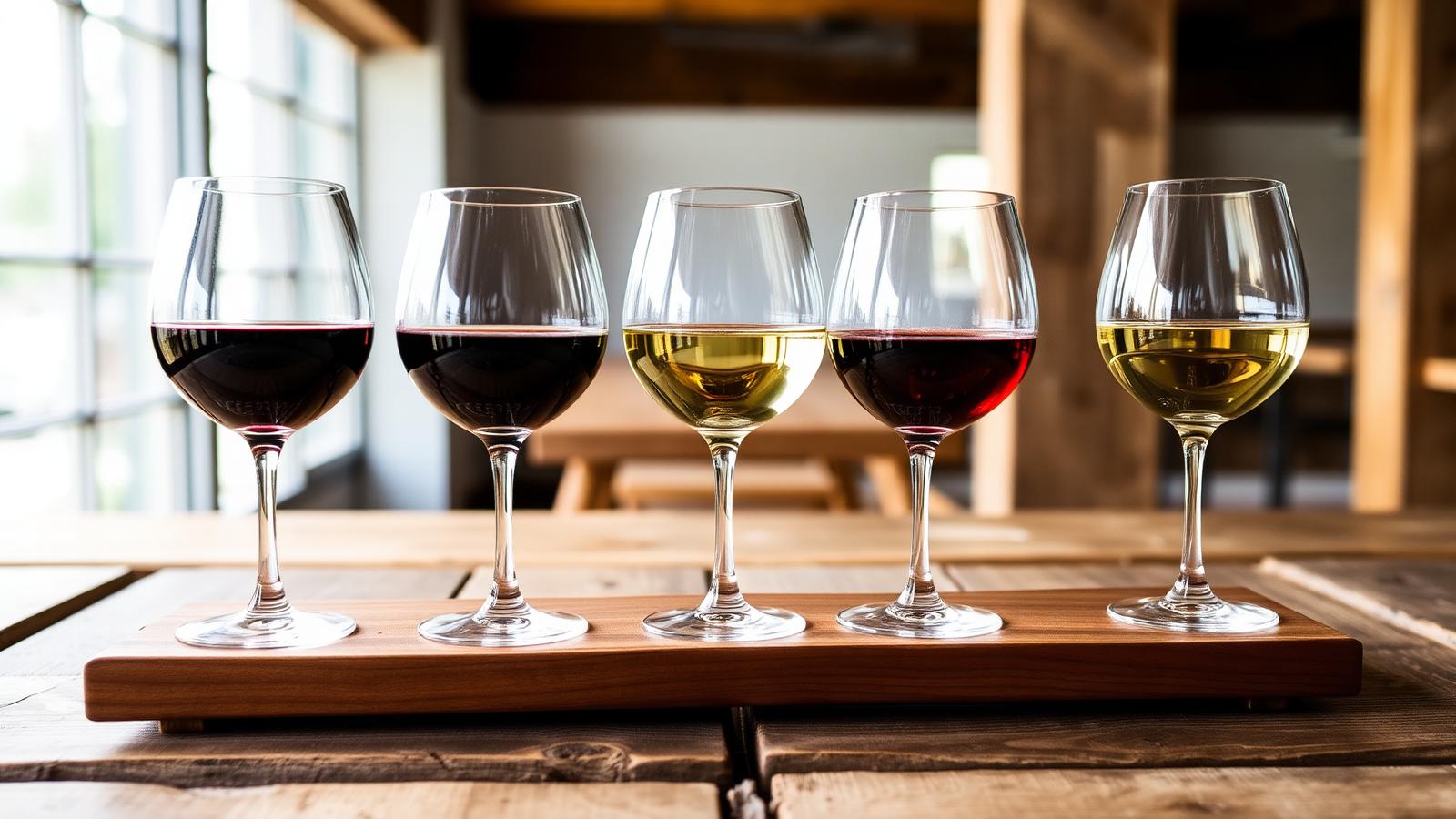 A tasting flight of red and white wines representing Colli Berici, Veneto, Italy wine styles
