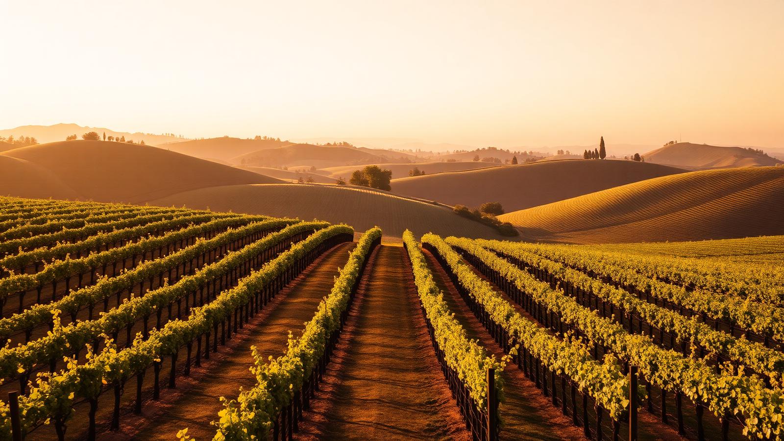 Vineyard rows on rolling hills in Colli Berici, Veneto, Italy wine country at golden hour